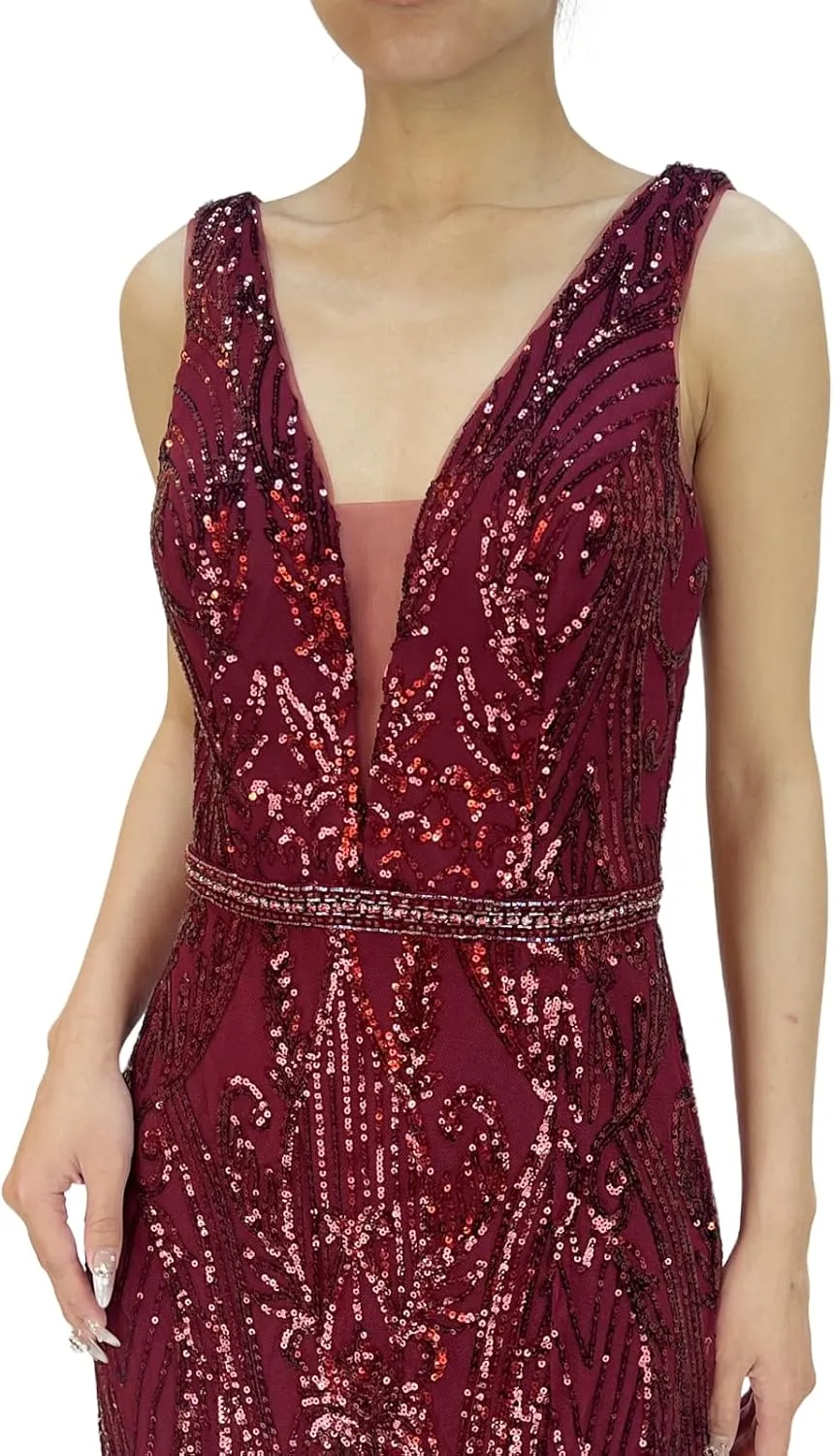 Women's V Neck V Back Tank Sequin Sparkly Glitter Slit Sleeveless Party Club Cocktail Red Long Evening Gown Dresses