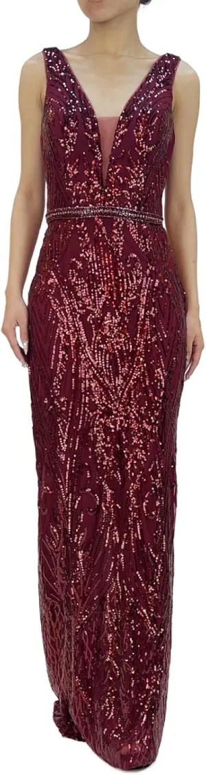 Women's V Neck V Back Tank Sequin Sparkly Glitter Slit Sleeveless Party Club Cocktail Red Long Evening Gown Dresses