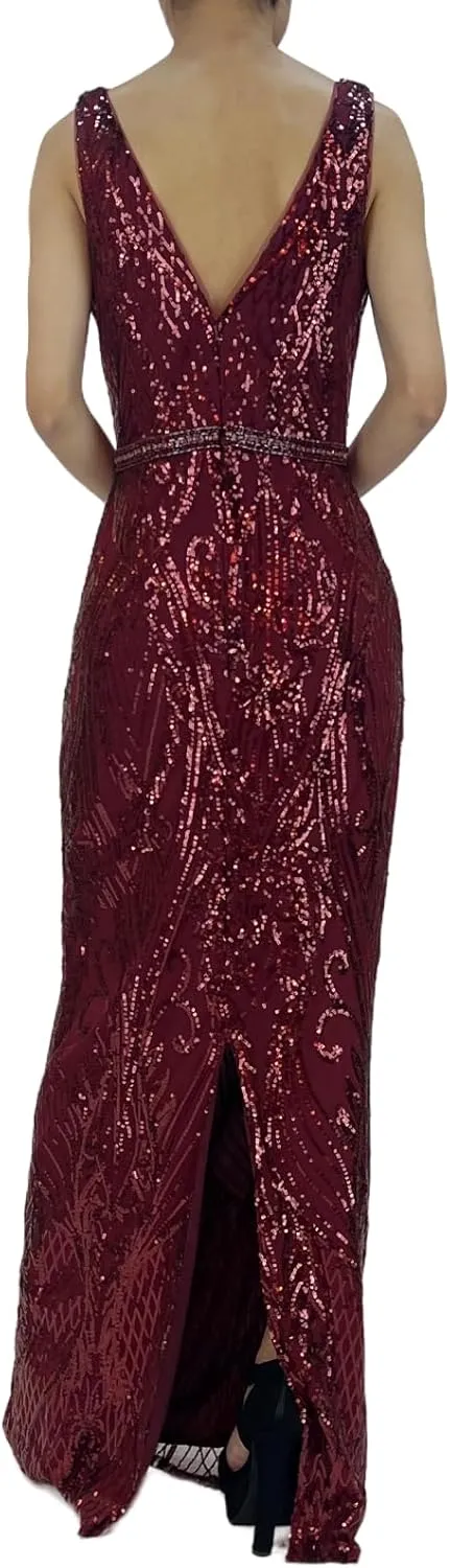 Women's V Neck V Back Tank Sequin Sparkly Glitter Slit Sleeveless Party Club Cocktail Red Long Evening Gown Dresses