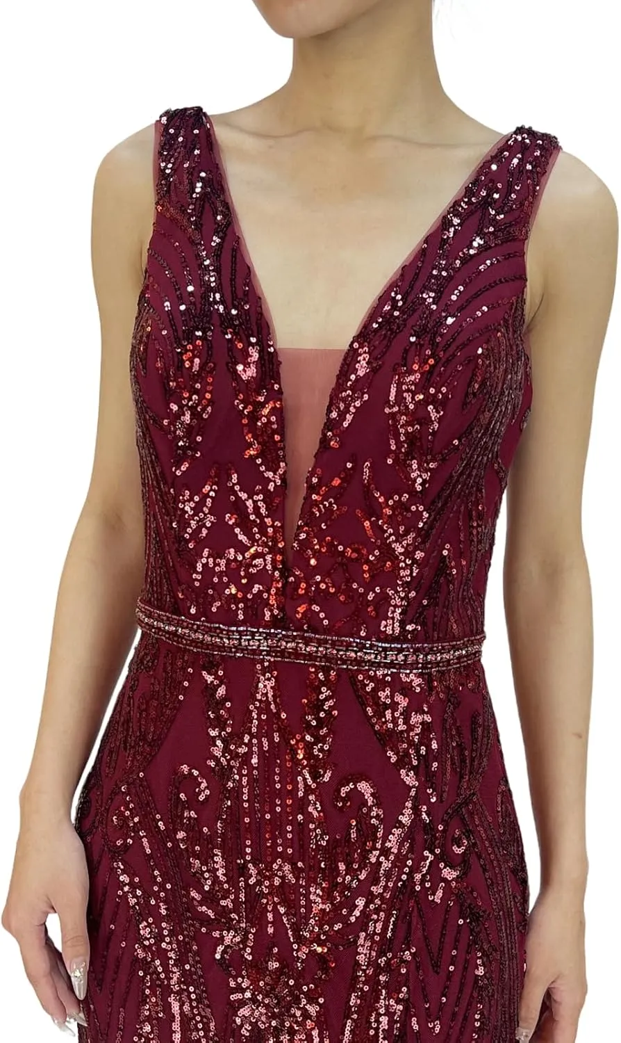 Women's V Neck V Back Tank Sequin Sparkly Glitter Slit Sleeveless Party Club Cocktail Red Long Evening Gown Dresses