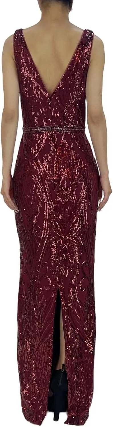 Women's V Neck V Back Tank Sequin Sparkly Glitter Slit Sleeveless Party Club Cocktail Red Long Evening Gown Dresses