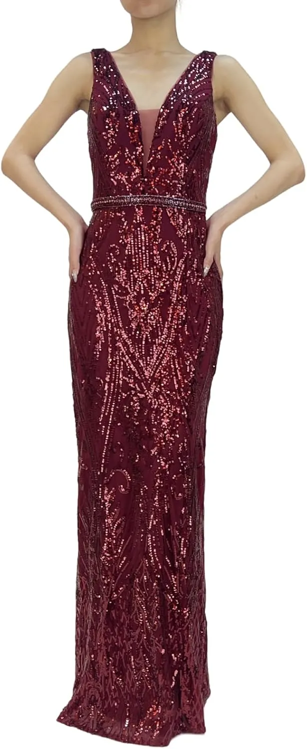 Women's V Neck V Back Tank Sequin Sparkly Slit Glitter Sleeveless Party Club Cocktail Red Long Evening Gown Dresses