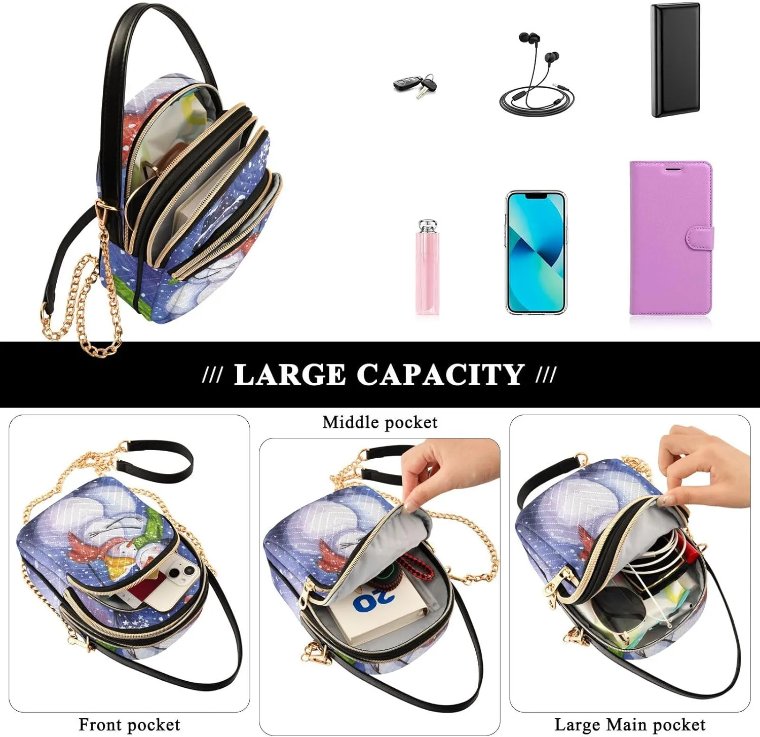 Women's Wave Cross Body Chest Bag, 52 inch Gold Chain Shoulder Handbag Purse