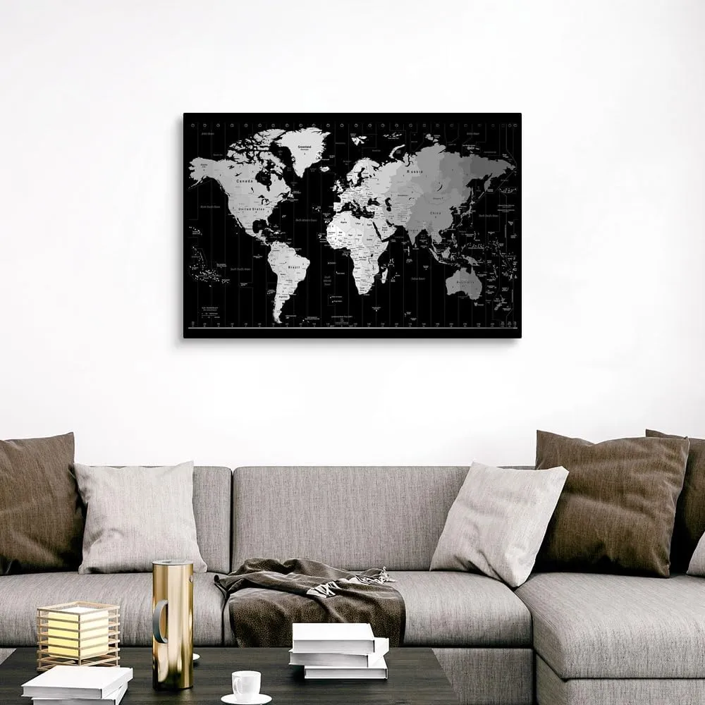 World Timezone map Canvas Wall Art Print, Map Artwork