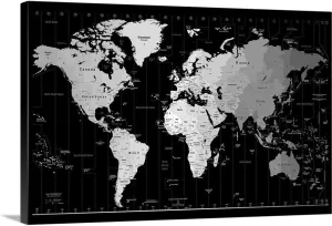 World Timezone map Canvas Wall Art Print, Map Artwork
