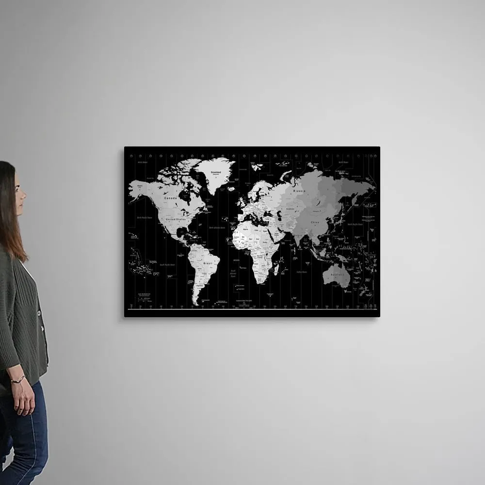 World Timezone map Canvas Wall Art Print, Map Artwork
