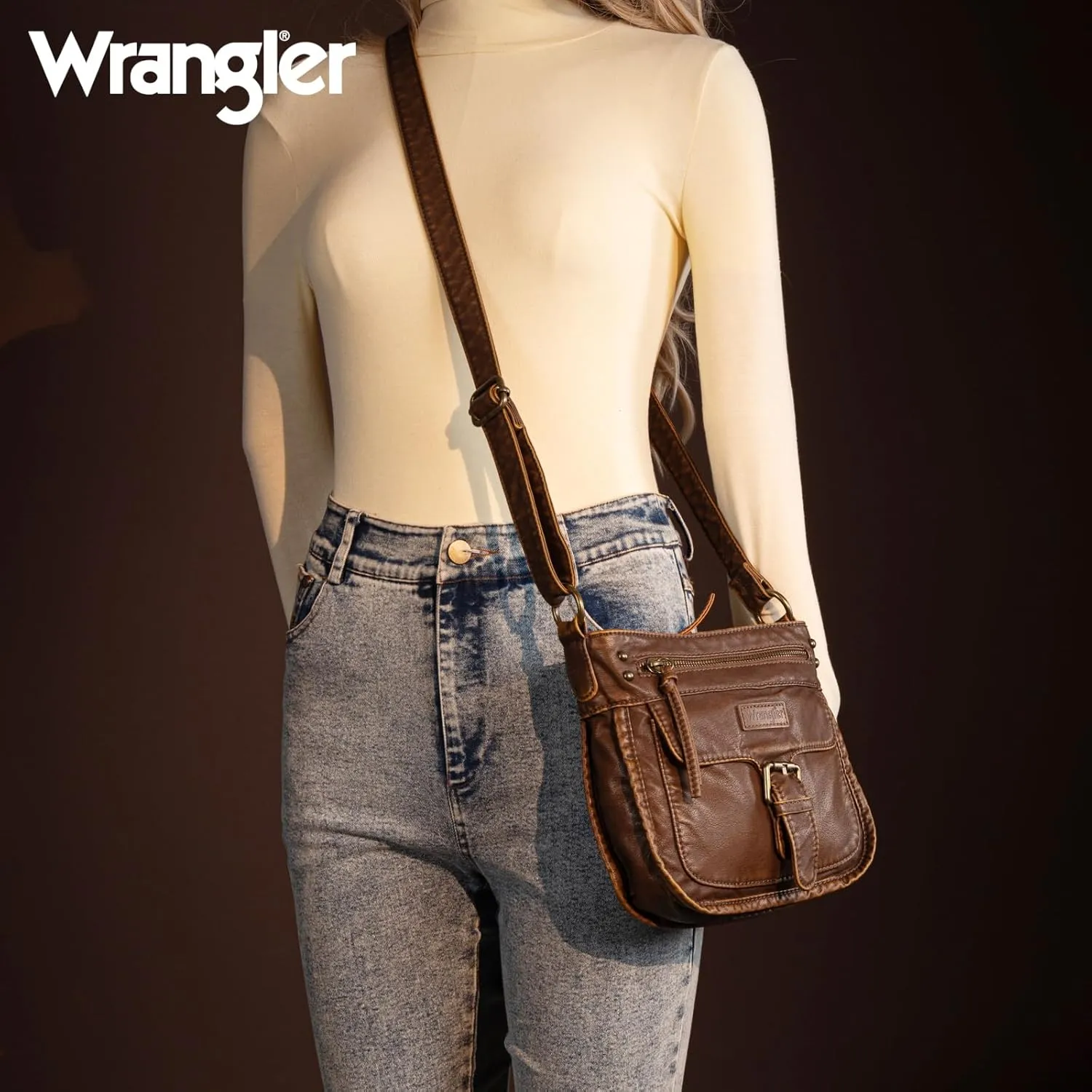 Wrangler Crossbody Bag for Women Small Soft Washed Leather Multi Pocket Shoulder Purses
