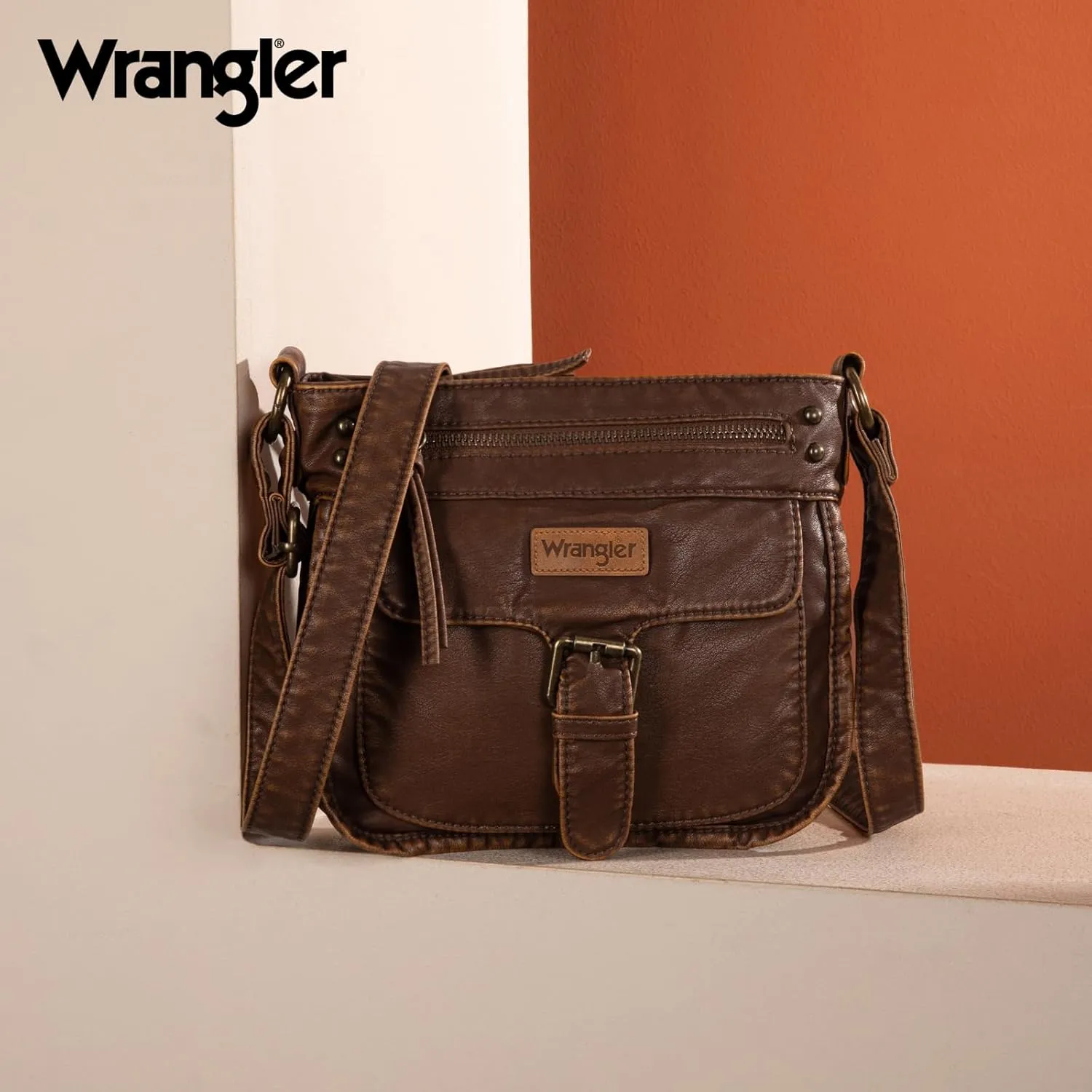 Wrangler Crossbody Bag for Women Small Soft Washed Leather Multi Pocket Shoulder Purses