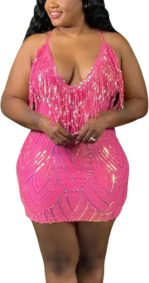 WUSENST Women's Sexy Bodycon Party Mini Dress Deep V Neck Sequin Backless Spaghetti Straps Clubwear