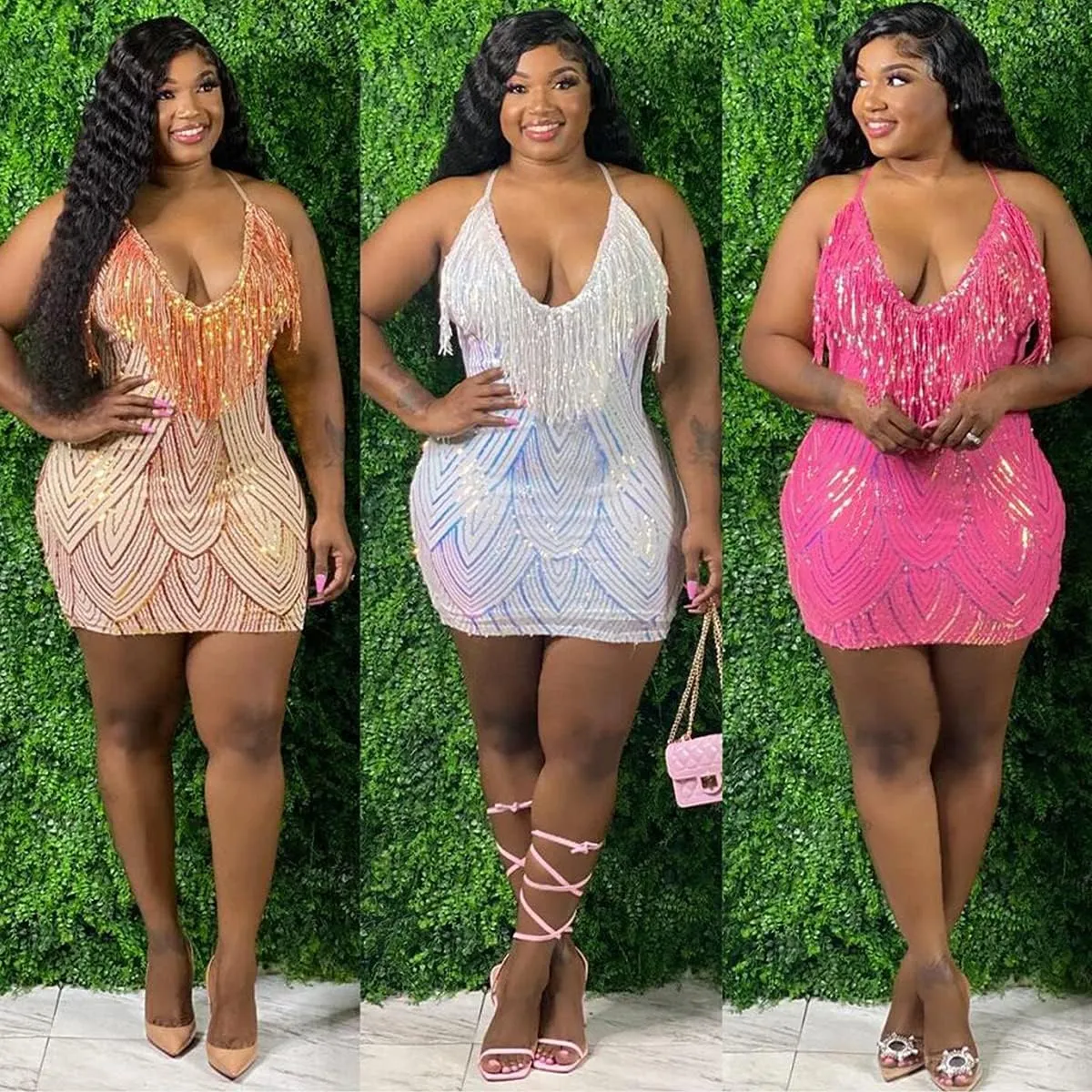 WUSENST Women's Sexy Bodycon Party Mini Dress Deep V Neck Sequin Backless Spaghetti Straps Clubwear