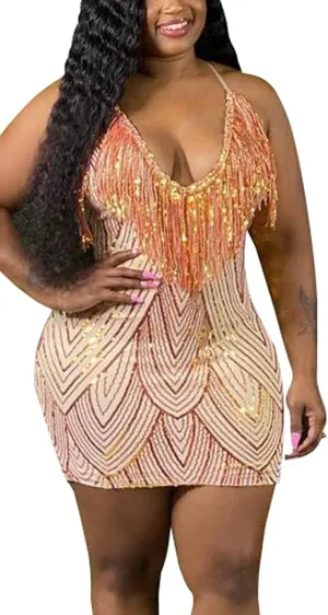 WUSENST Women's Sexy Bodycon Party Mini Dress Deep V Neck Sequin Backless Spaghetti Straps Clubwear