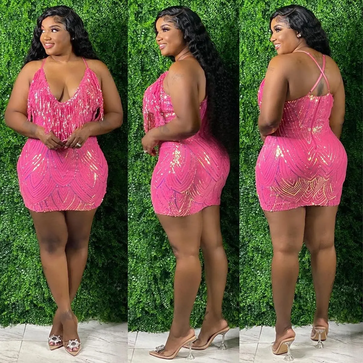 WUSENST Women's Sexy Bodycon Party Mini Dress Deep V Neck Sequin Backless Spaghetti Straps Clubwear