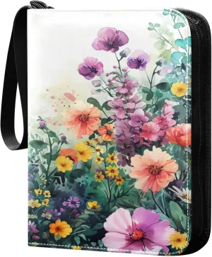 xigua Colorful Herbal Wildflower Card Binder 4-Pockets, Trading Card Binder 400 Pockets Baseball Card Binder Waterproof PU Leather Card Collection Binder for Games Card Album Card