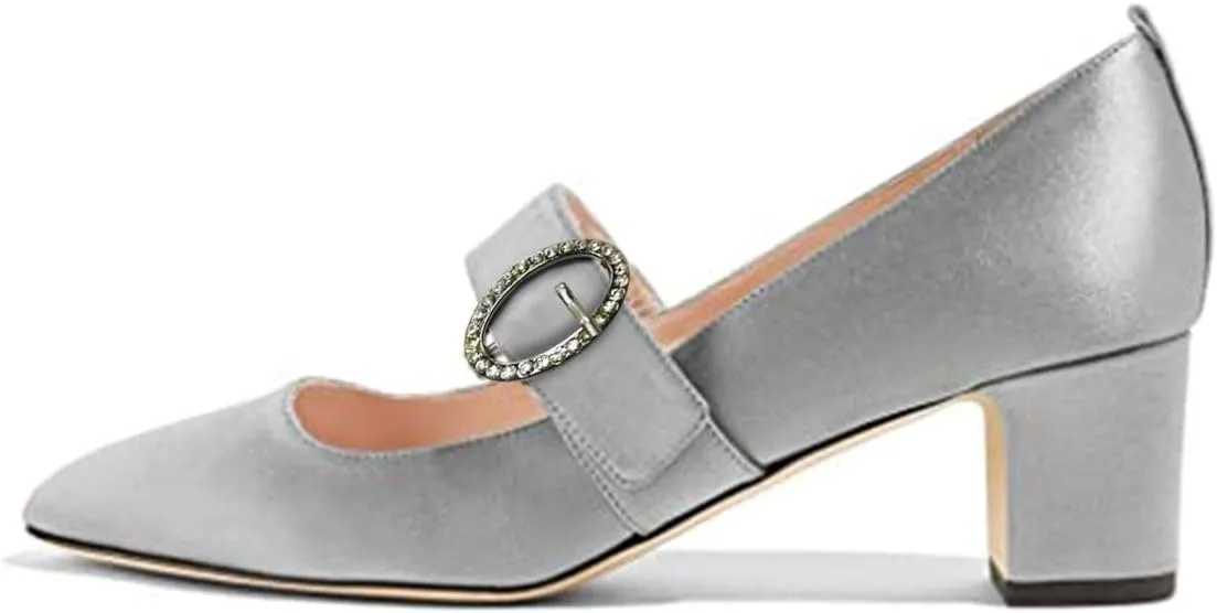 XYD Women Vintage Retro Mary Jane Pumps Graceful Satin Closed Round Toe Single Strap with Delicate Buckle Block Heels Dress Shoes