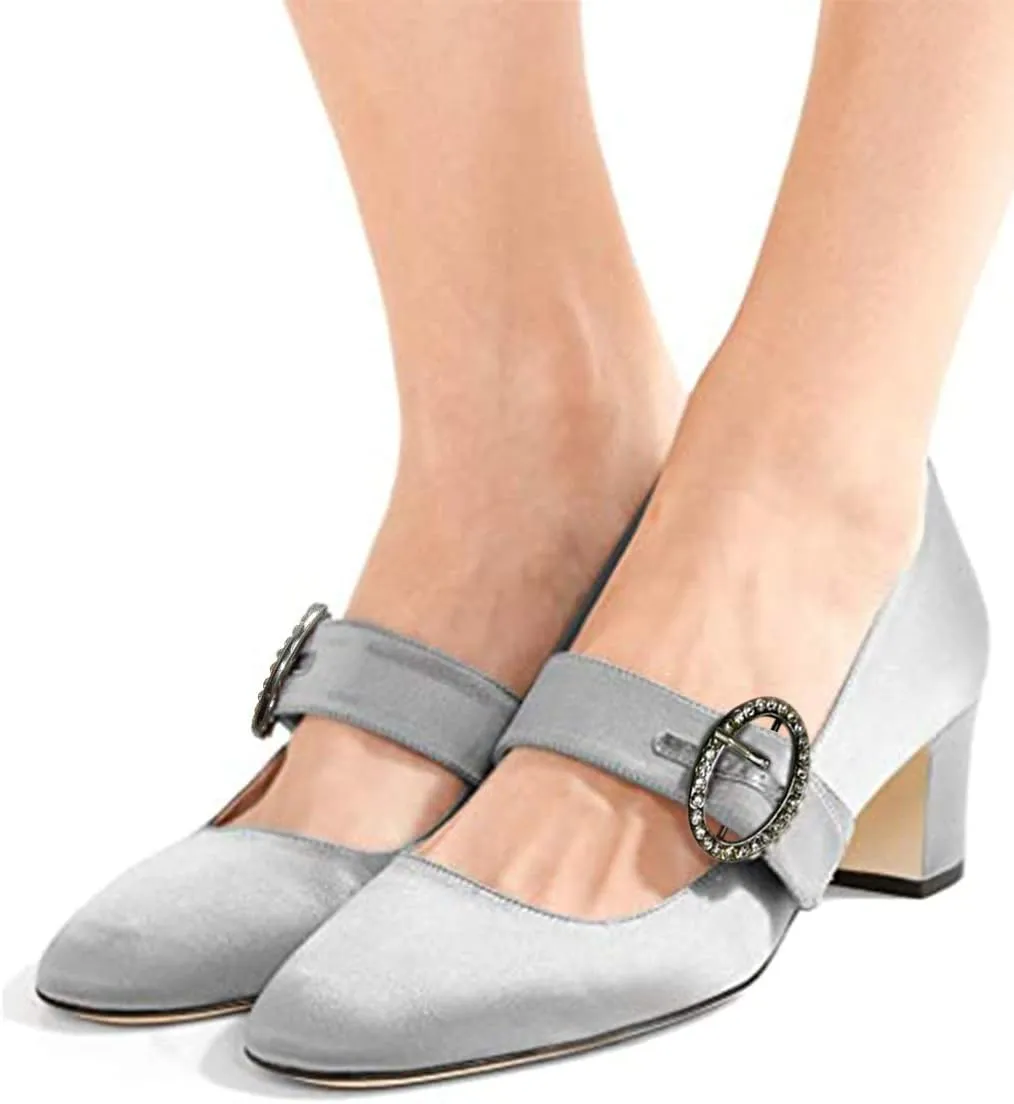 XYD Women Vintage Retro Mary Jane Pumps Graceful Satin Closed Round Toe Single Strap with Delicate Buckle Block Heels Dress Shoes