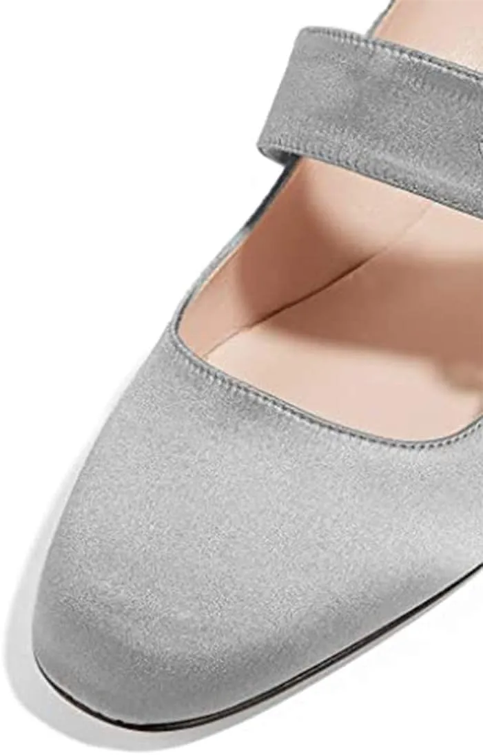XYD Women Vintage Retro Mary Jane Pumps Graceful Satin Closed Round Toe Single Strap with Delicate Buckle Block Heels Dress Shoes