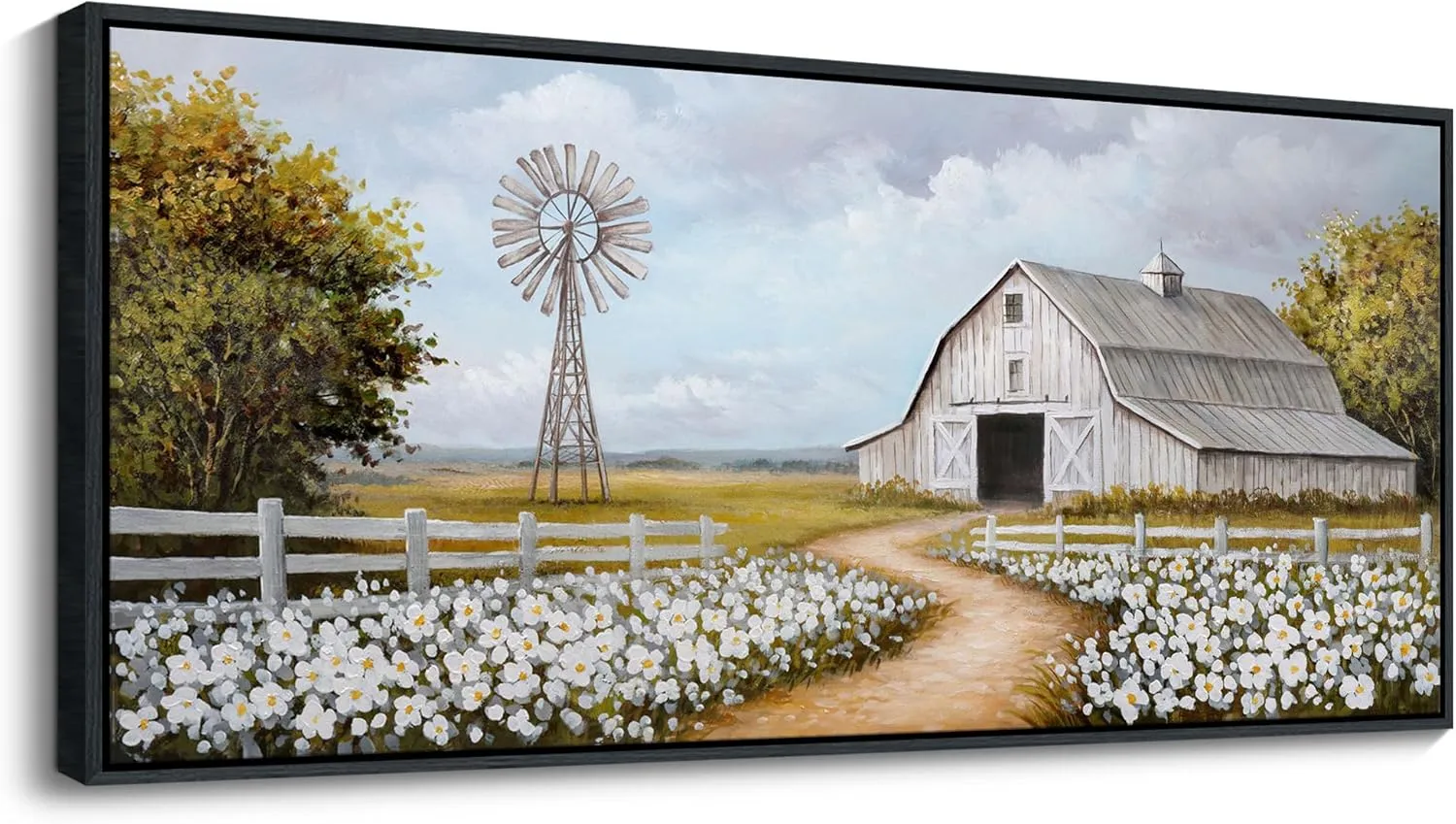 YCPRIMER Vintage Classical Farmhouse Painting Rustic Countryside Wildflower Field Nature Meadow Landscape Retro Windmill Barn Canvas Print Wilderness Artwork for Bedroom Living Room 70x31inch