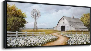 YCPRIMER Vintage Classical Farmhouse Painting Rustic Countryside Wildflower Field Nature Meadow Landscape Retro Windmill Barn Canvas Print Wilderness Artwork for Bedroom Living Room 70x31inch