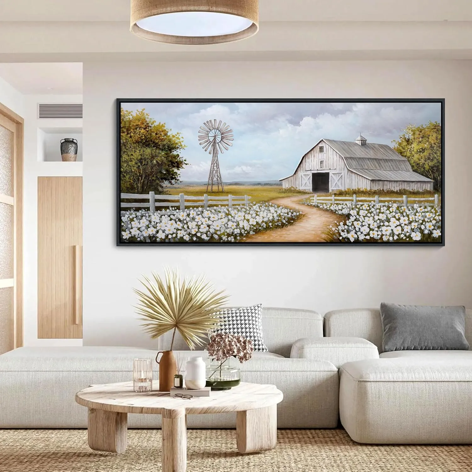 YCPRIMER Vintage Classical Farmhouse Painting Rustic Countryside Wildflower Field Nature Meadow Landscape Retro Windmill Barn Canvas Print Wilderness Artwork for Bedroom Living Room 70x31inch