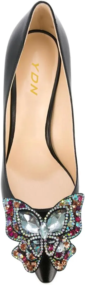 YDN Women Butterfly Pumps Colorful Crystal High Heels Studded Slip On Closed Pointed Toe Dress Shoe Wedding Party Size 4-16 US