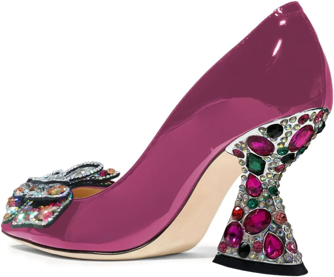 YDN Women Butterfly Pumps Colorful Crystal High Heels Studded Slip On Closed Pointed Toe Dress Shoe Wedding Party Size 4-16 US