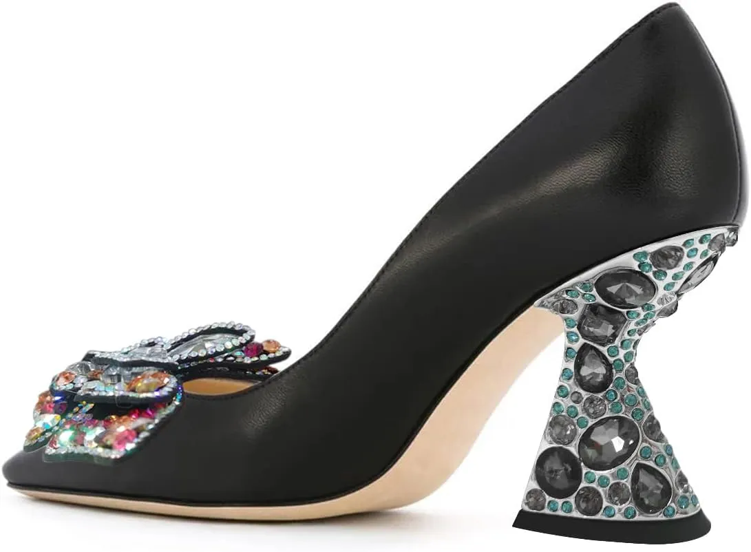 YDN Women Butterfly Pumps Colorful Crystal High Heels Studded Slip On Closed Pointed Toe Dress Shoe Wedding Party Size 4-16 US