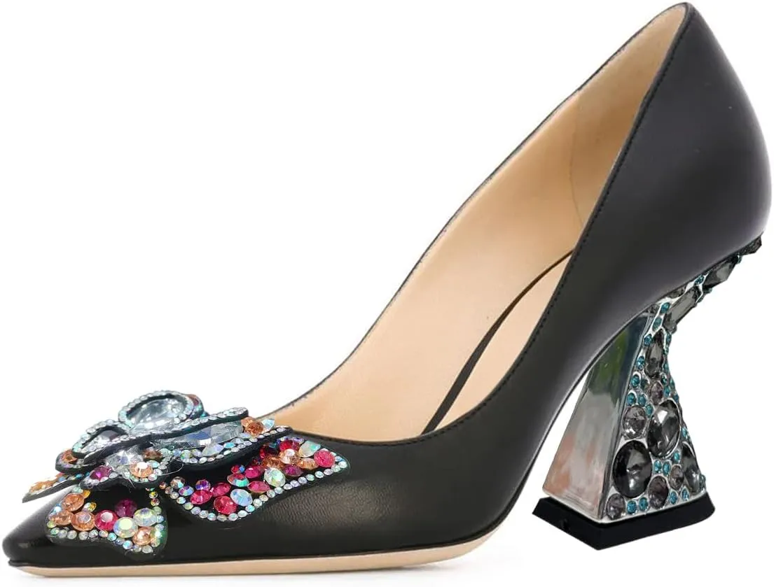 YDN Women Butterfly Pumps Colorful Crystal High Heels Studded Slip On Closed Pointed Toe Dress Shoe Wedding Party Size 4-16 US