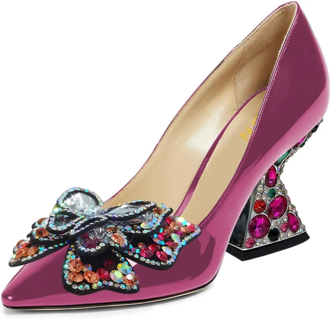 YDN Women Butterfly Pumps Colorful Crystal High Heels Studded Slip On Closed Pointed Toe Dress Shoe Wedding Party Size 4-16 US