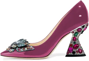 YDN Women Butterfly Pumps Colorful Crystal High Heels Studded Slip On Closed Pointed Toe Dress Shoe Wedding Party Size 4-16 US