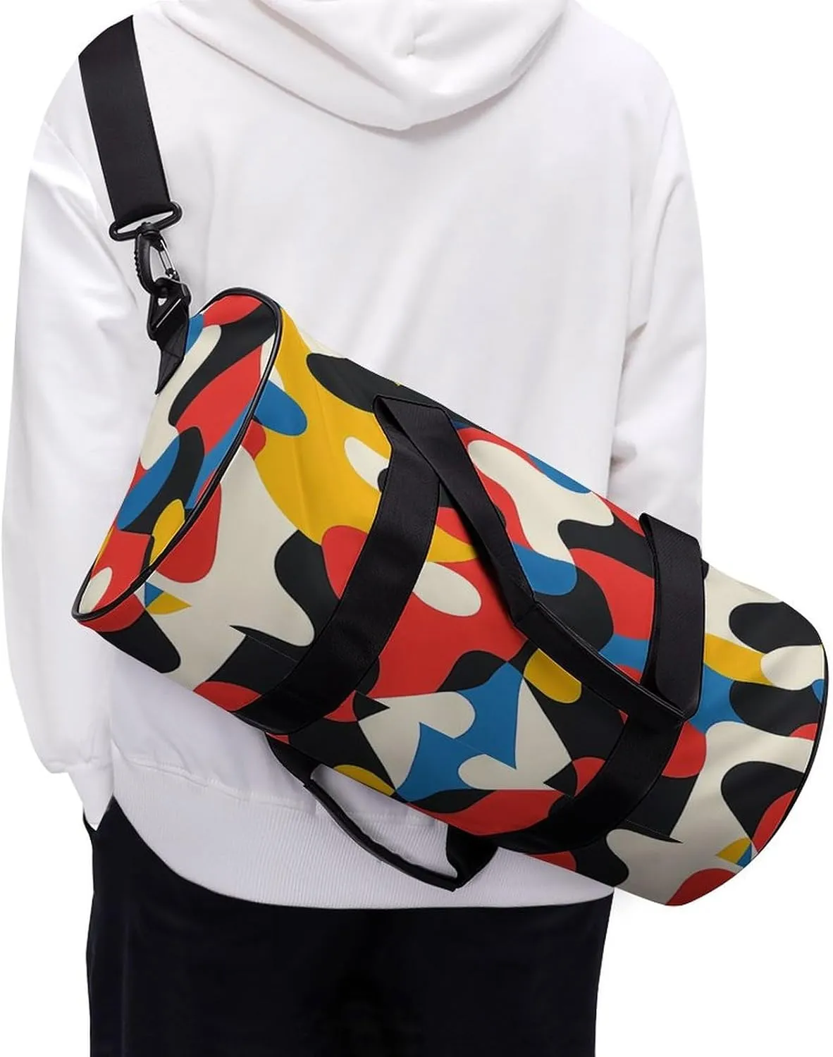 Yellow Red Abstract Pattern Travel Gym Bag for Women Men Cylindrical Duffle Bag Sport Workout Bag with Shoulder Strap