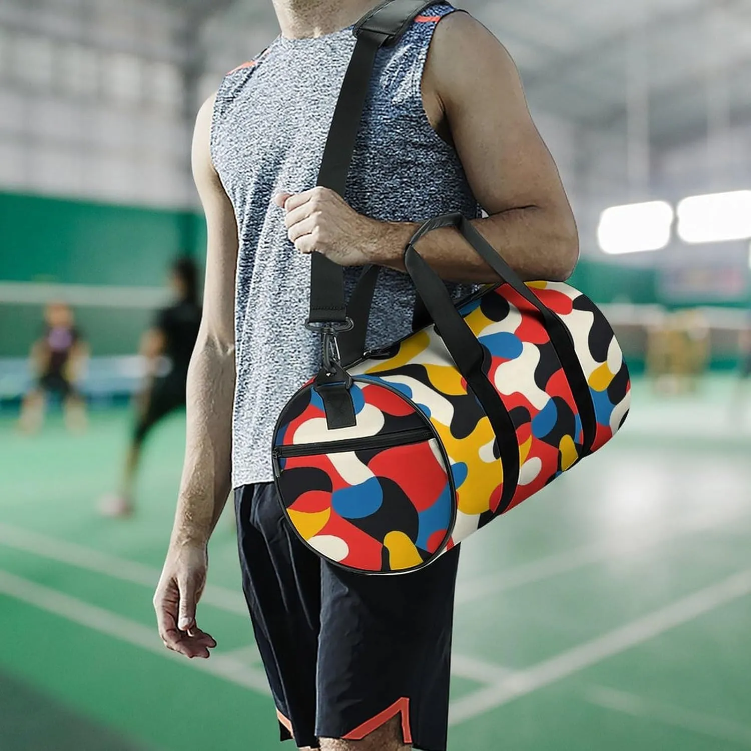 Yellow Red Abstract Pattern Travel Gym Bag for Women Men Cylindrical Duffle Bag Sport Workout Bag with Shoulder Strap