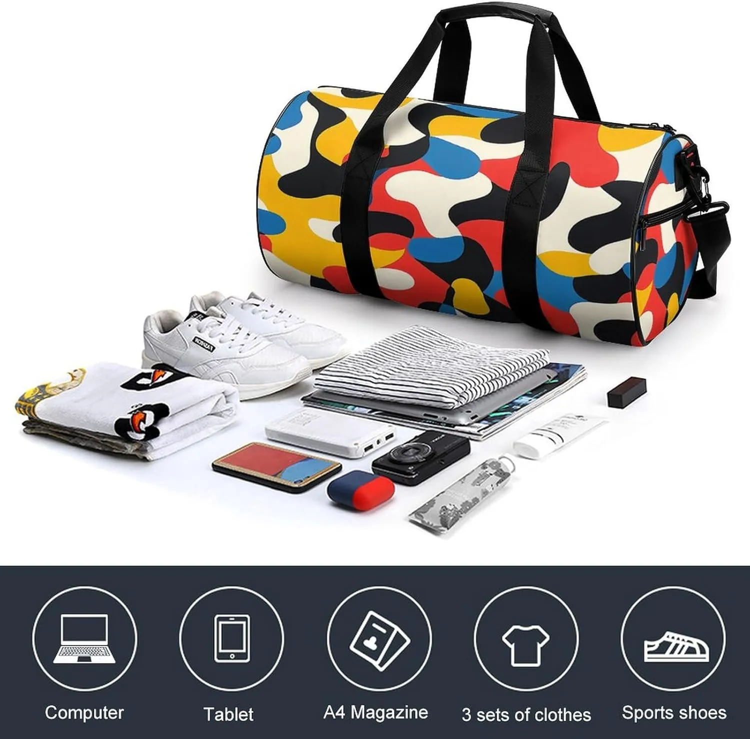 Yellow Red Abstract Pattern Travel Gym Bag for Women Men Cylindrical Duffle Bag Sport Workout Bag with Shoulder Strap