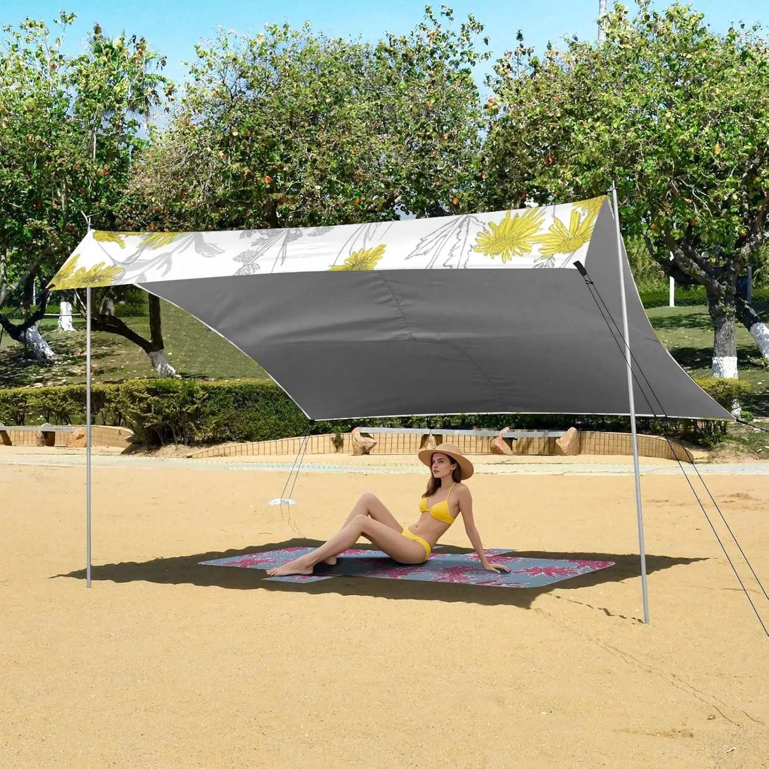 Yellow Wildflowers Plants White Beach Canopy Tent Outdoor Sun Shade Patio Picnic Portable Camping Shelter 9.2 × 10.5 FT Shelters with Anchor Poles Easy up