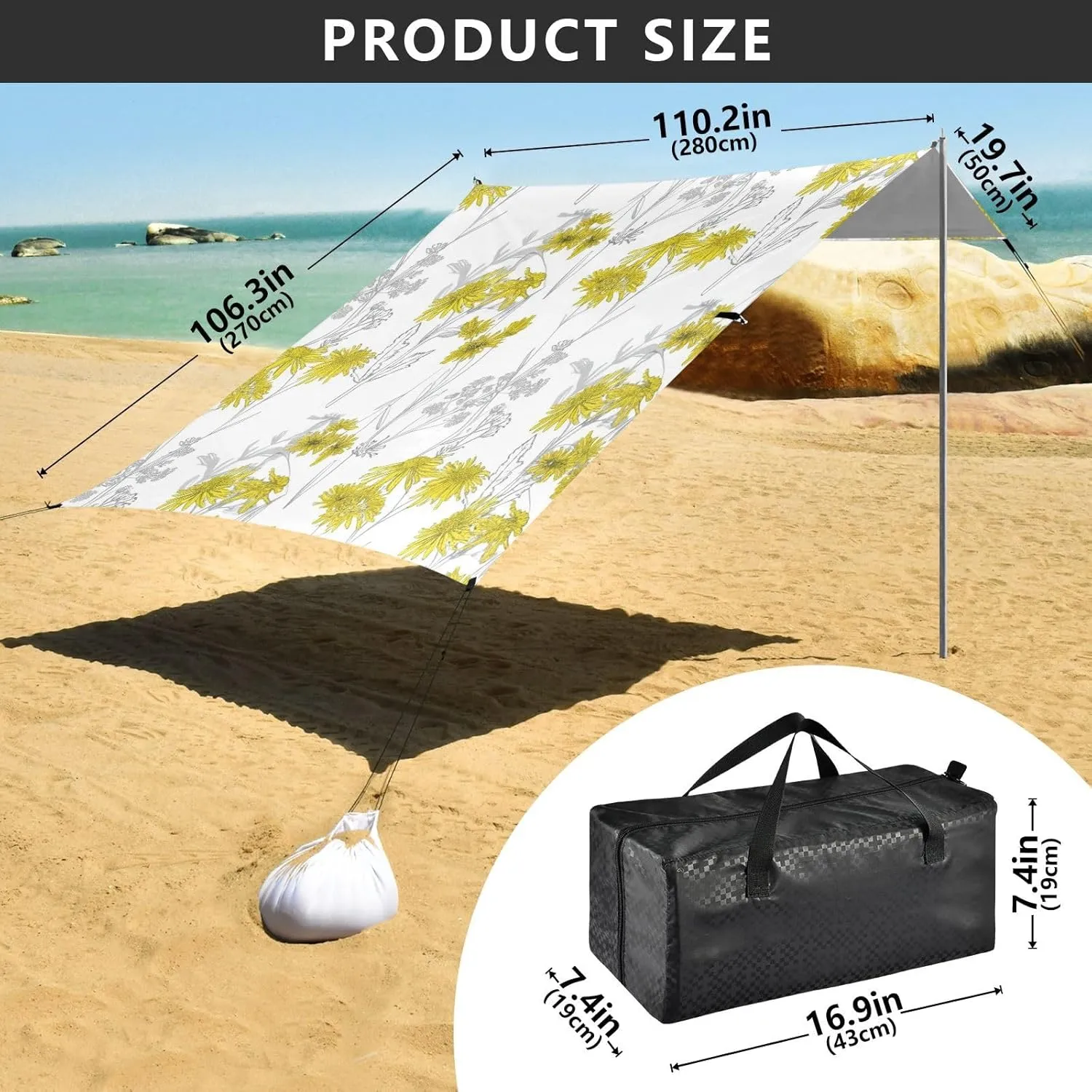 Yellow Wildflowers Plants White Beach Canopy Tent Outdoor Sun Shade Patio Picnic Portable Camping Shelter 9.2 × 10.5 FT Shelters with Anchor Poles Easy up