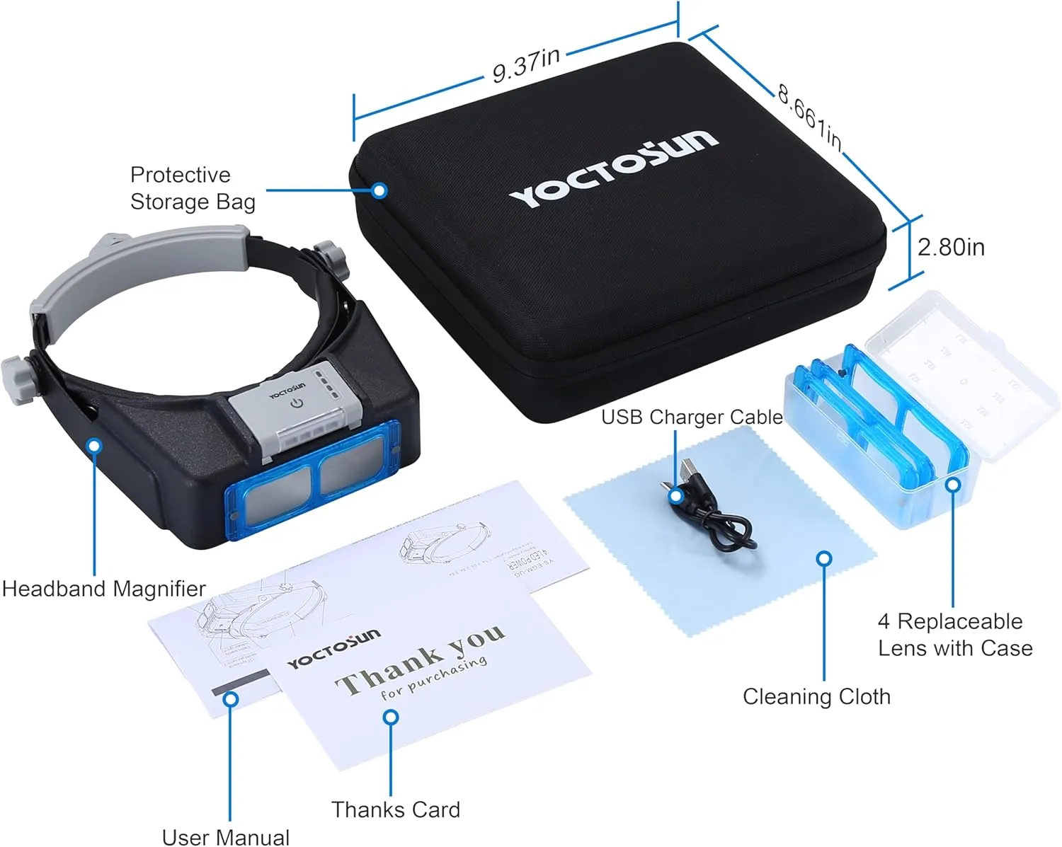 YOCTOSUN Headband Magnifier with 4 Lenses, 4 LED Lights and Storage Case, Magnifying Glasses with Light for Close Work, Hands Free Head Magnifying Visor for Hobby, Jewelers, Crafts