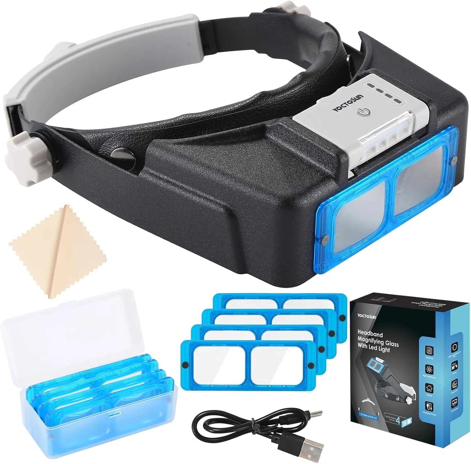 YOCTOSUN Headband Magnifying Glass with Light, Rechargeable Magnifying Glasses for Close Work, 1.5X-3.5X Head Magnifier with 4 Lenses, Hands Free Magnifier Glass Visor for Jewelers, Crafts, Hobby