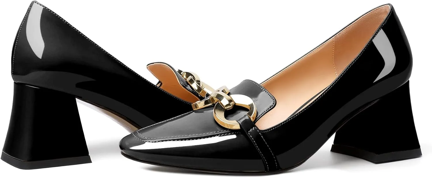 YODEKS Women Low Block Chunky Heel Pumps Square Toe Elegant Slip On 2.5 Inch Closed Toe Chain Buckle Comfort Shoes for Wedding Office Evening