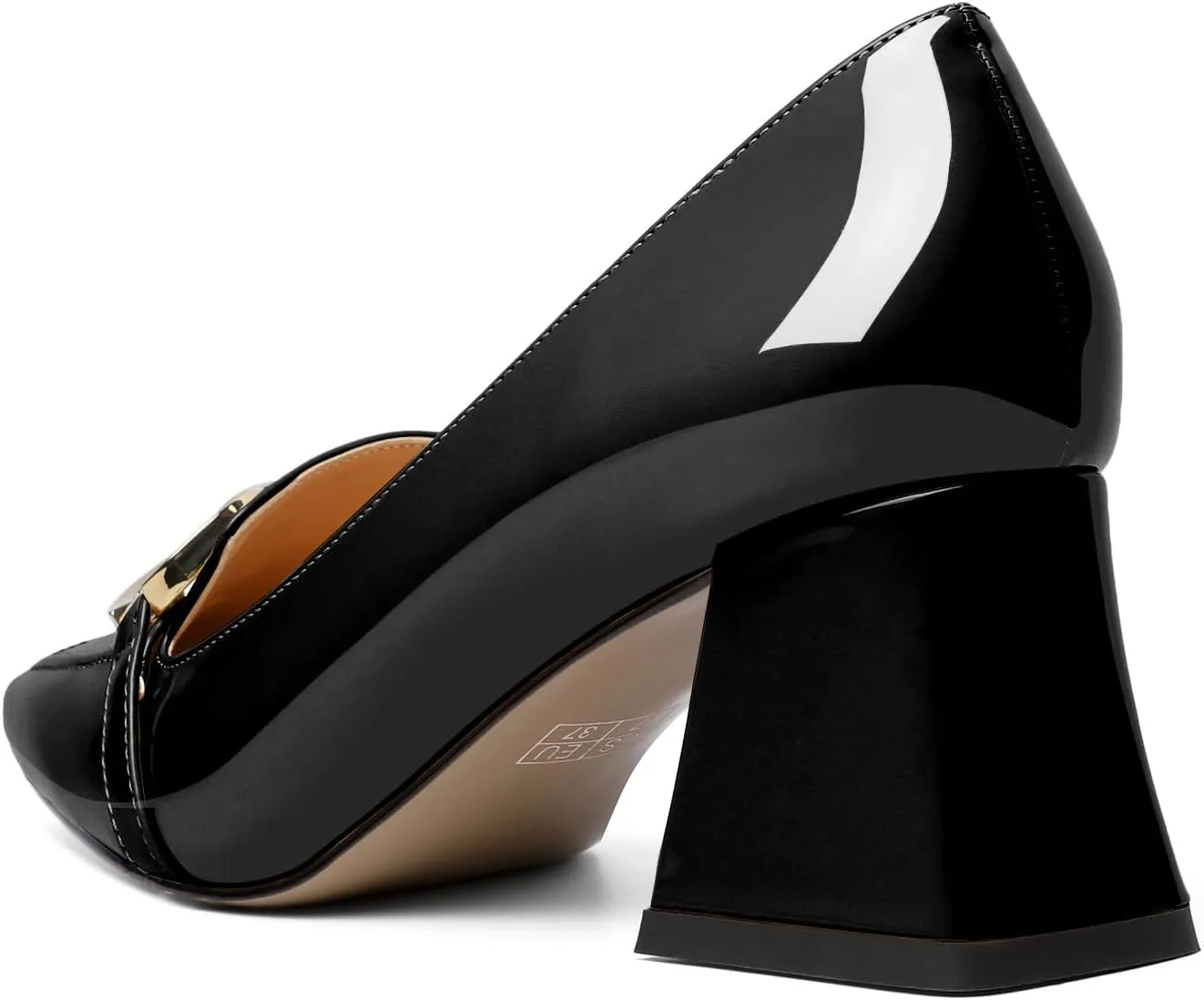 YODEKS Women Low Block Chunky Heel Pumps Square Toe Elegant Slip On 2.5 Inch Closed Toe Chain Buckle Comfort Shoes for Wedding Office Evening