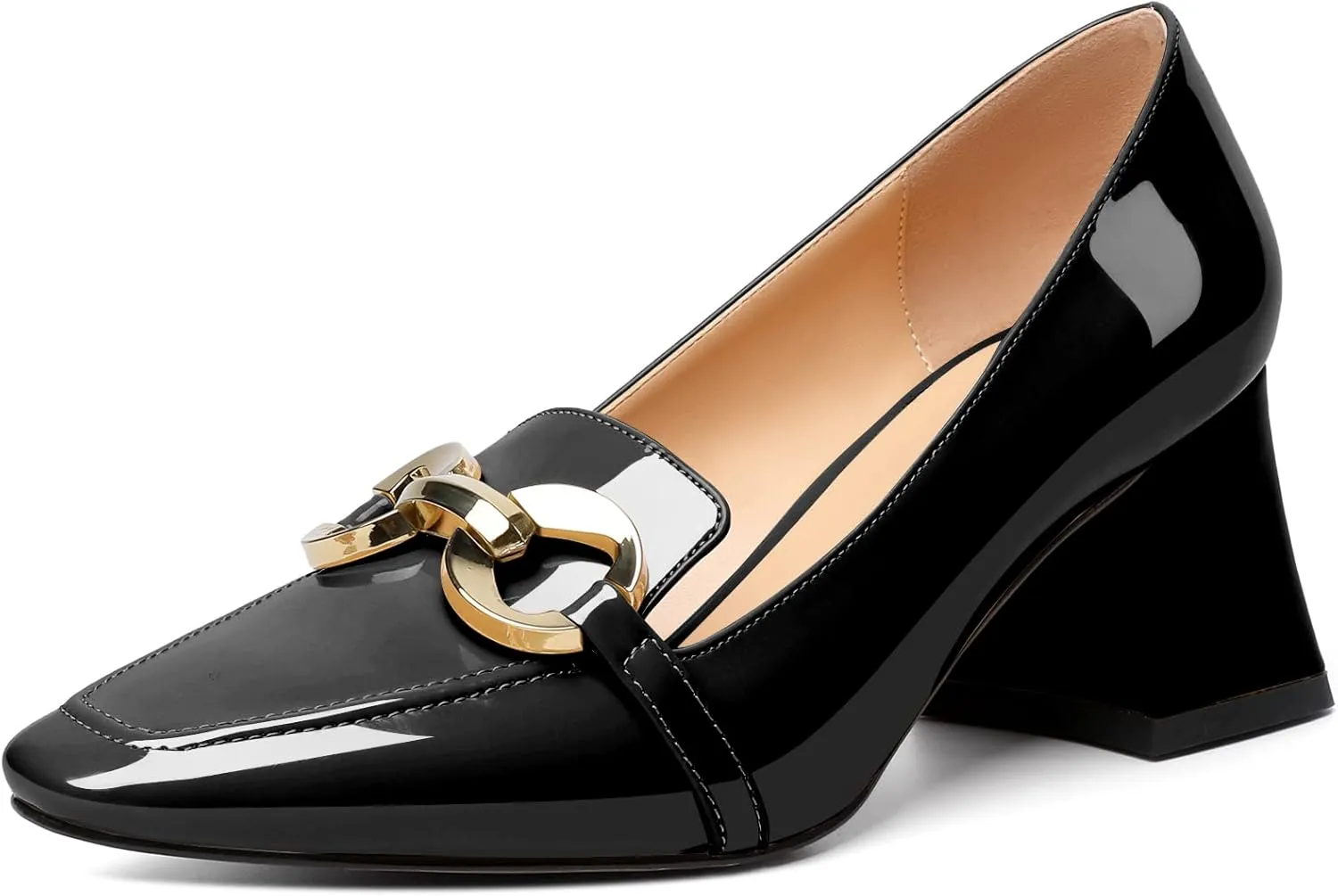 YODEKS Women Low Block Chunky Heel Pumps Square Toe Elegant Slip On 2.5 Inch Closed Toe Chain Buckle Comfort Shoes for Wedding Office Evening