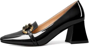 YODEKS Women Low Block Chunky Heel Pumps Square Toe Elegant Slip On 2.5 Inch Closed Toe Chain Buckle Comfort Shoes for Wedding Office Evening