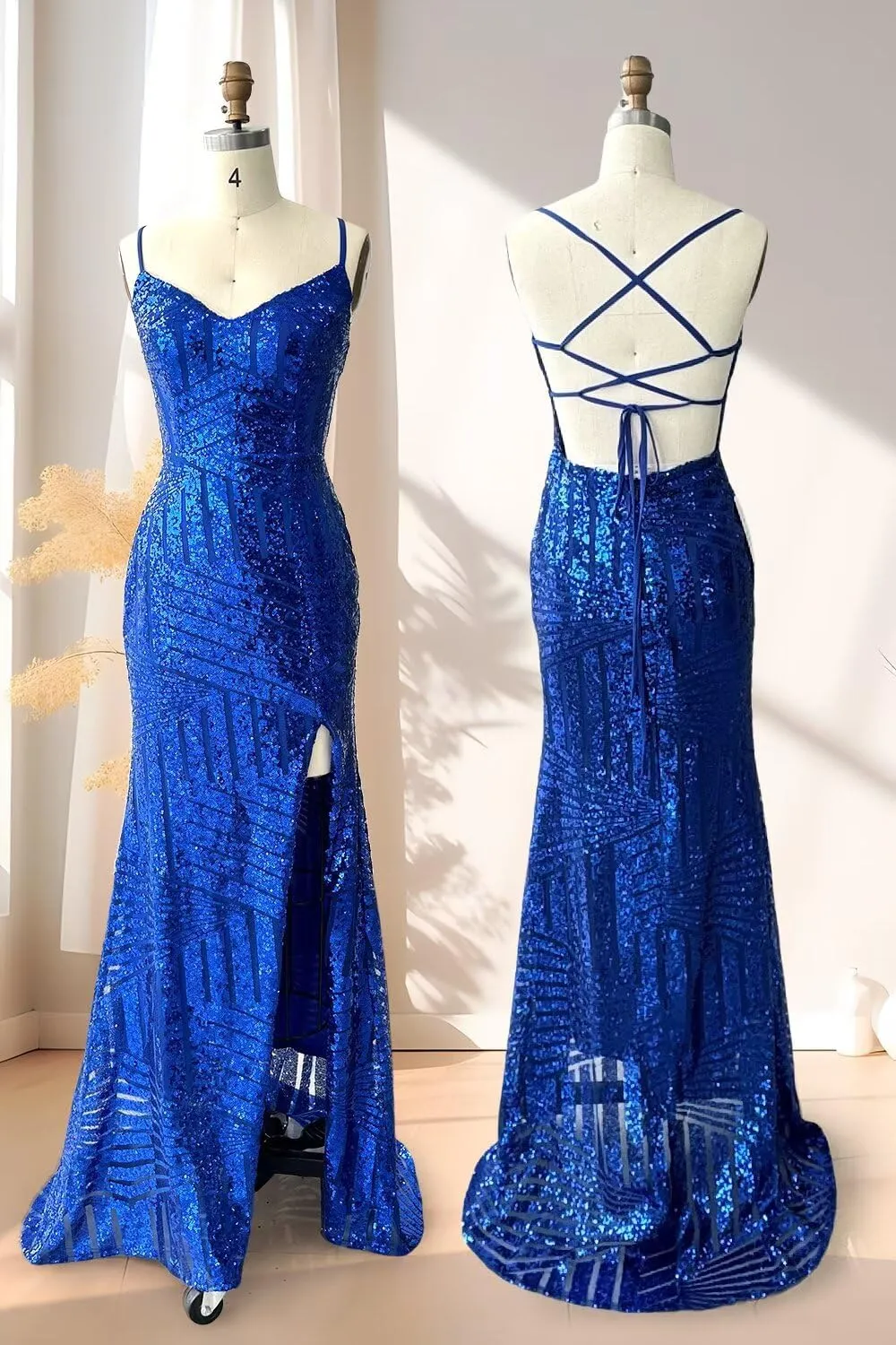 YOFF Sequin V Neck Mermaid Prom Dresses Sparkly Formal Dress Spaghetti Strap Evening Gowns YO095