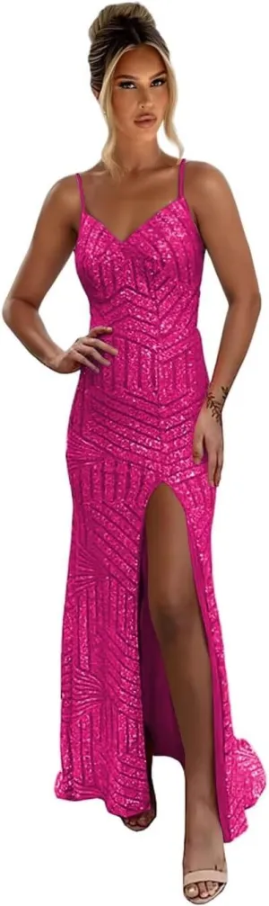 YOFF Sequin V Neck Mermaid Prom Dresses Sparkly Formal Dress Spaghetti Strap Evening Gowns YO095