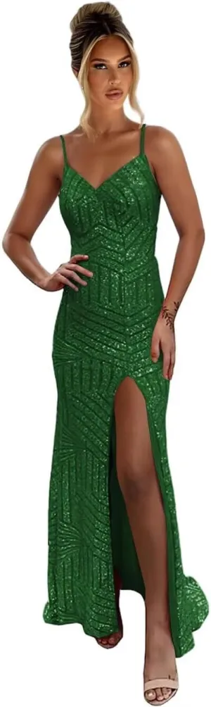 YOFF Sequin V Neck Mermaid Prom Dresses Sparkly Formal Dress Spaghetti Strap Evening Gowns YO095