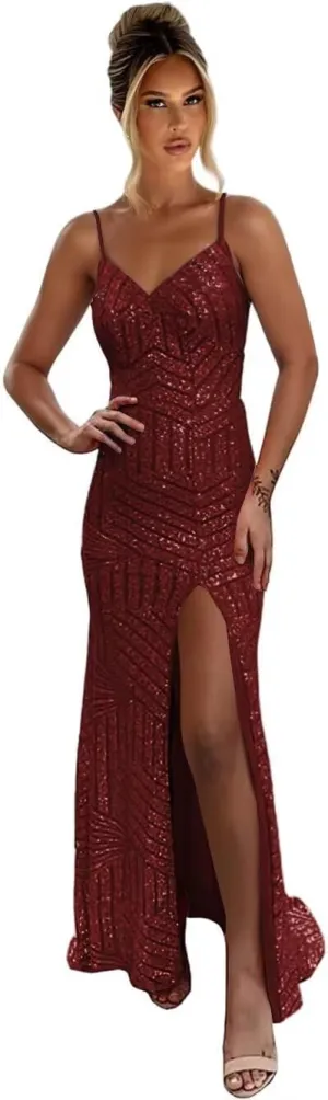 YOFF Sequin V Neck Mermaid Prom Dresses Sparkly Formal Dress Spaghetti Strap Evening Gowns YO095