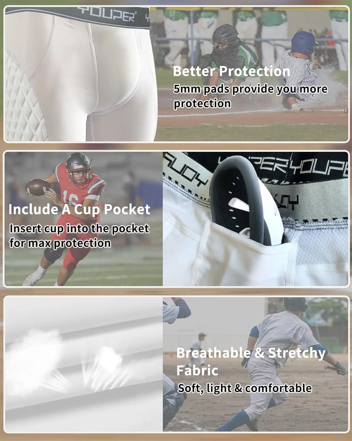 Youper Adult Elite Compression Padded Sliding Shorts w/Cup Pocket for Baseball, Football