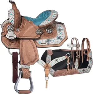 Youth Child Premium Leather Western Barrel Racing Trail Equestrian Pony Miniature Horse Saddle Tack   Headstall, Breast Collar, Reins & Saddle Pad Size 10 to 17