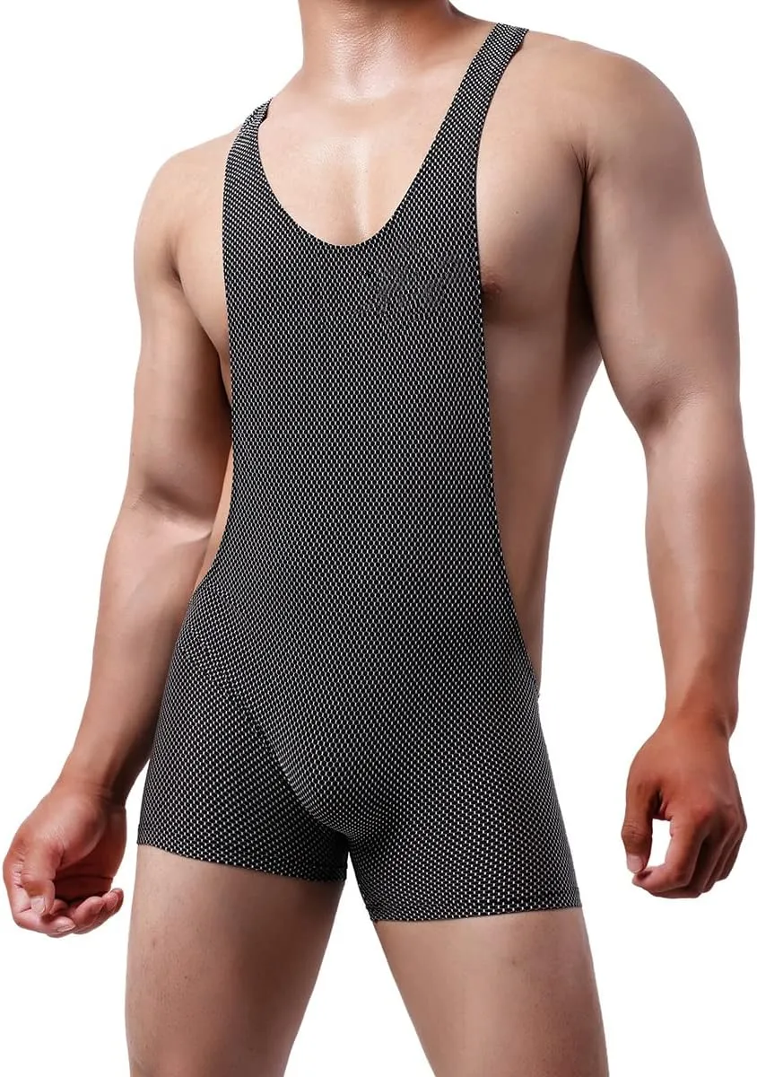 YUFEIDA Men's Athletic Supporters Mesh Breathable Bodysuit Wrestling Leotard Stretchy Base Layers Boxer Singlet