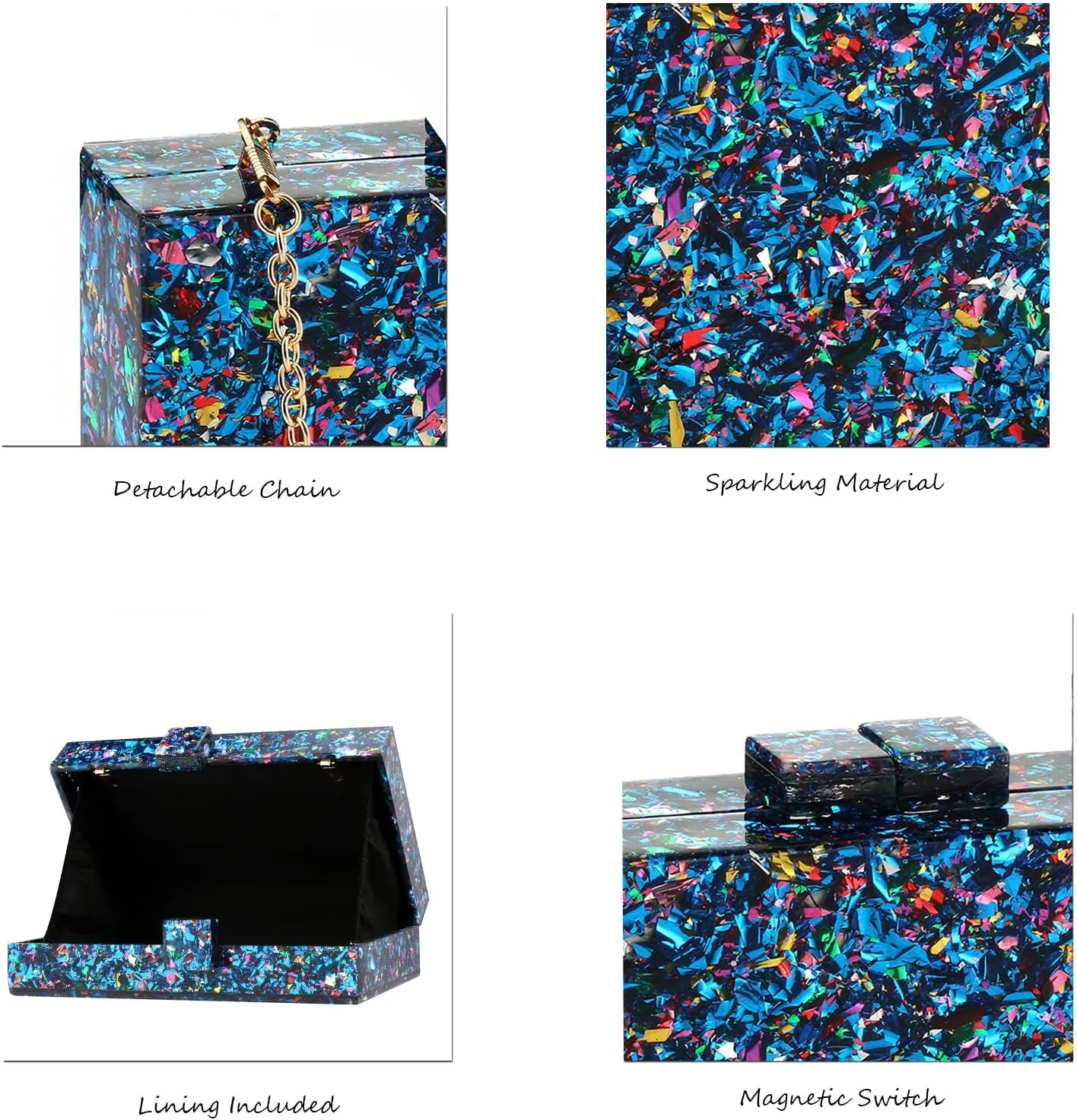 YYW Women Sequin Acrylic Clutch Box Crossbody Bag Handbag Bridal Party Cocktail Evening Clutch Purse