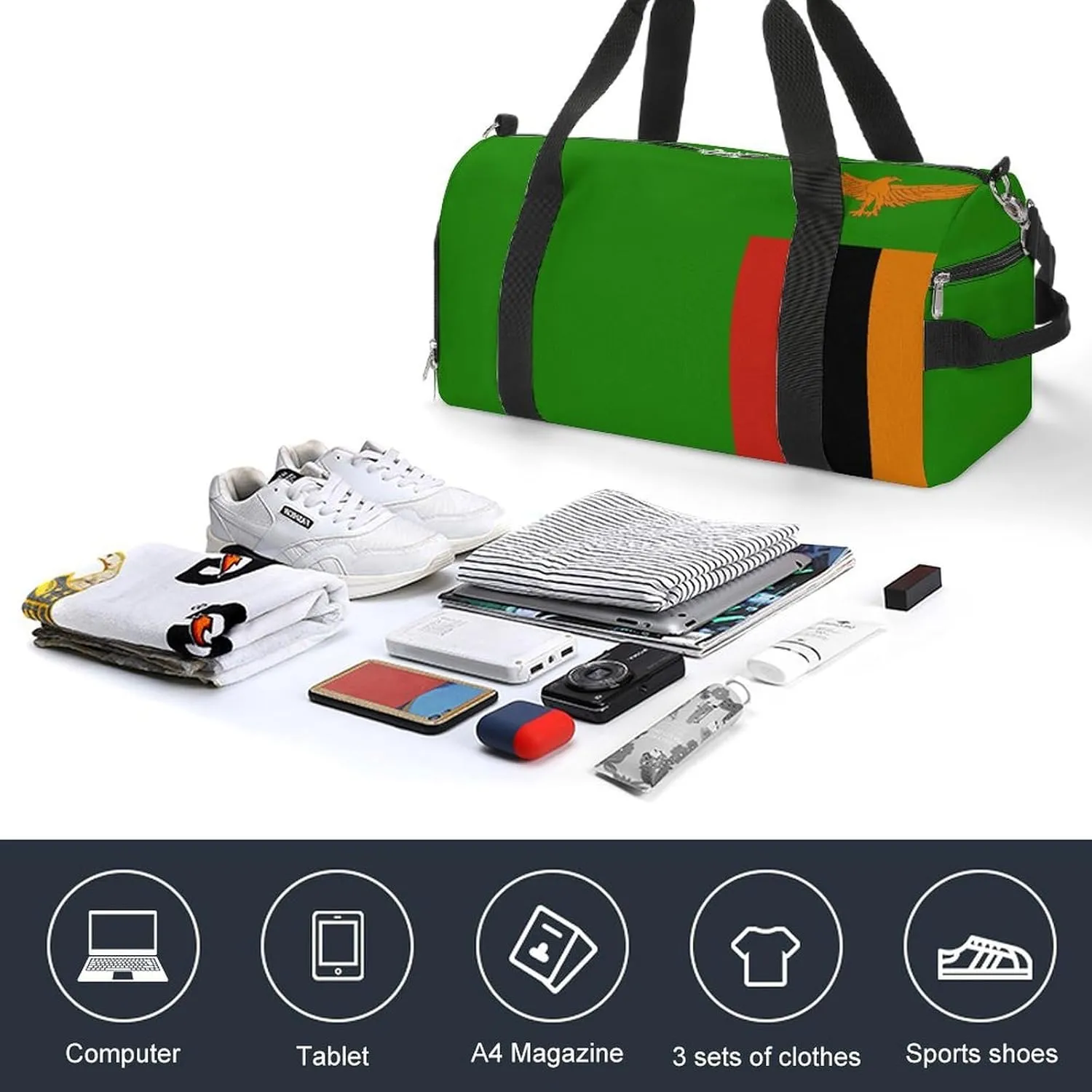 Zambia Flag Duffel Bag for Boys Girls with Shoe Compartment for Travel Gym