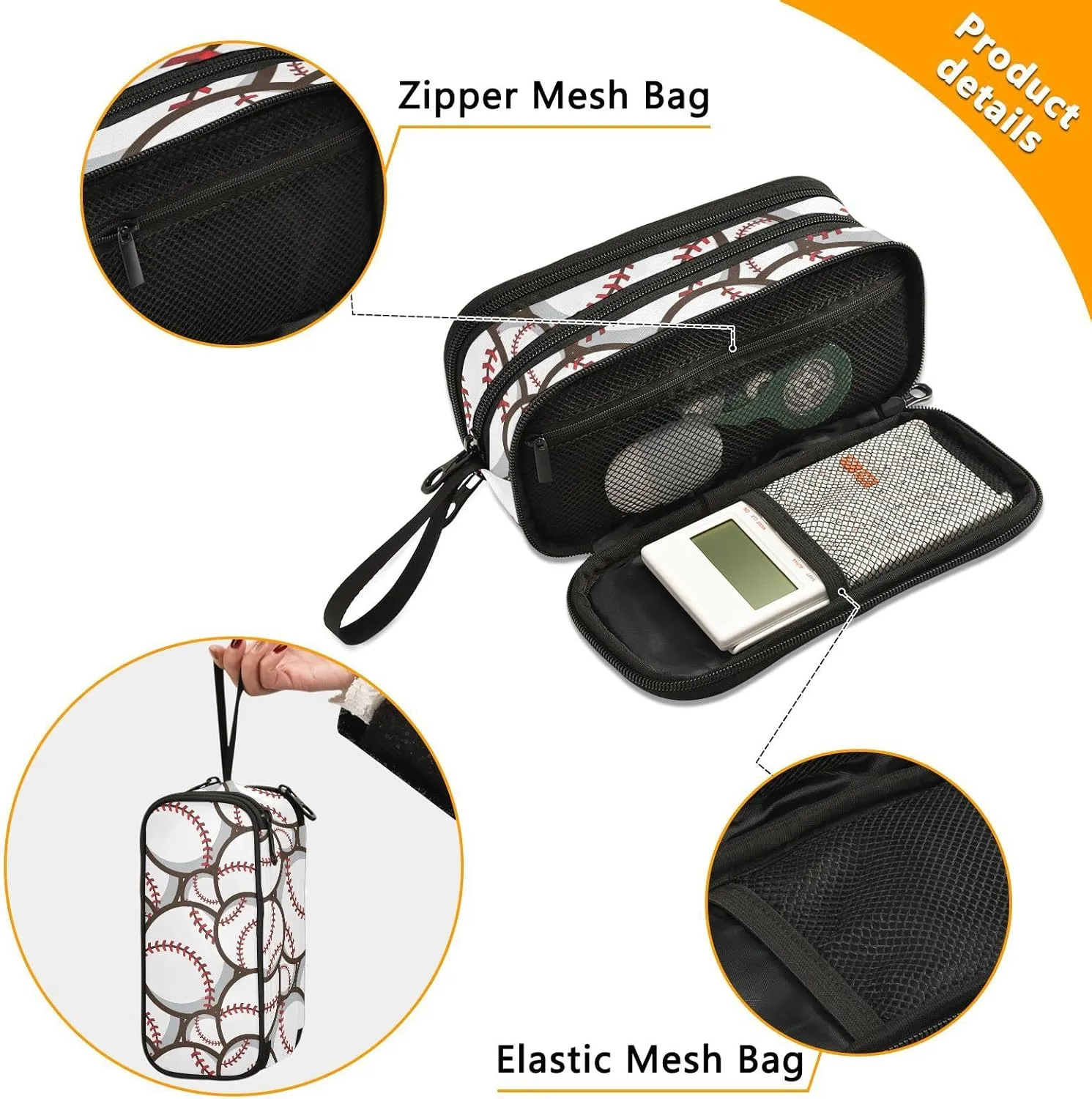 ZAZYXTJ Baseball Ball Large Capacity Pencil Case 3 Compartment Pen Pouch Storage Canvas Makeup Bag for School Office Teen Girl Boy Men Women
